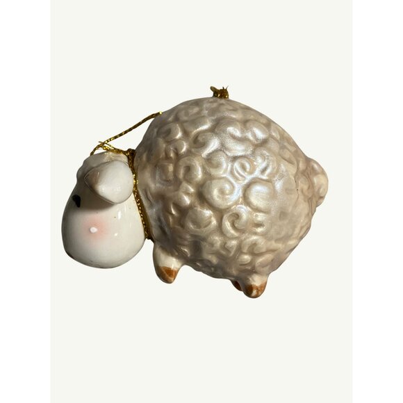 Handcrafted Ceramic Sheep Ornament With Golden Bell and Hanging Cord - Picture 1 of 10